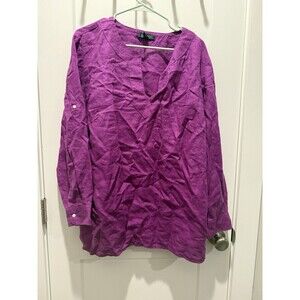 Lauren Ralph Lauren Blouse Womens 2X Purple 100% Linen Roll Tab Sleeve Light